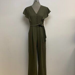 New Calvin Klein Elegant Olive Linen Full Length Jumpsuit Belted Romper